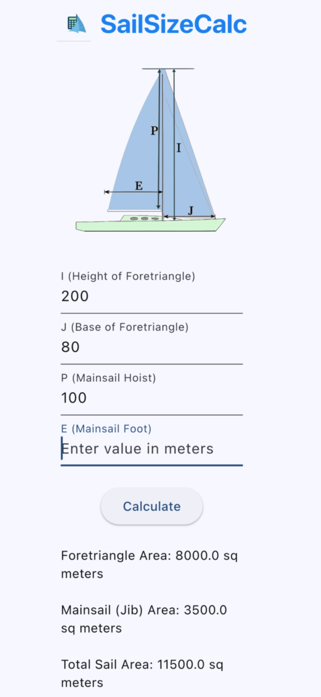 SailSizeCalc Mobile App Interface